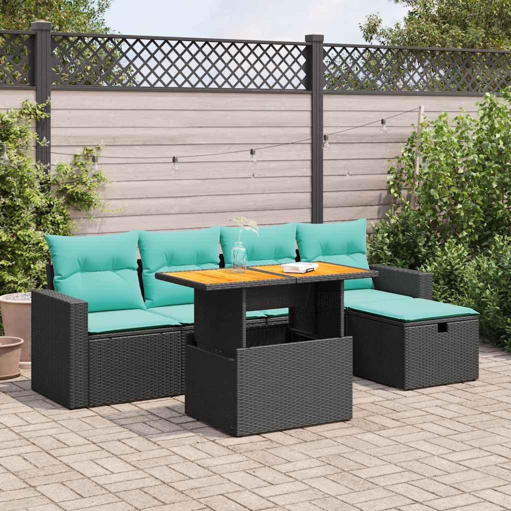 Set Divano da Giardino 6 pz con Cuscini Nero Polyrattan Acacia | homemem39