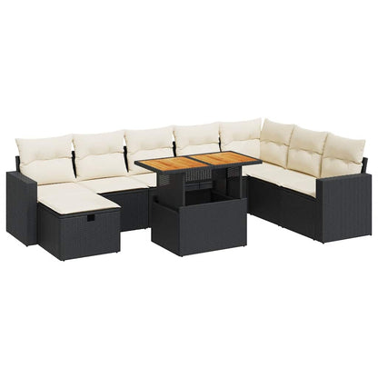 Set Divani da Giardino 9 pz con Cuscini Nero Polyrattan Acacia | homemem39
