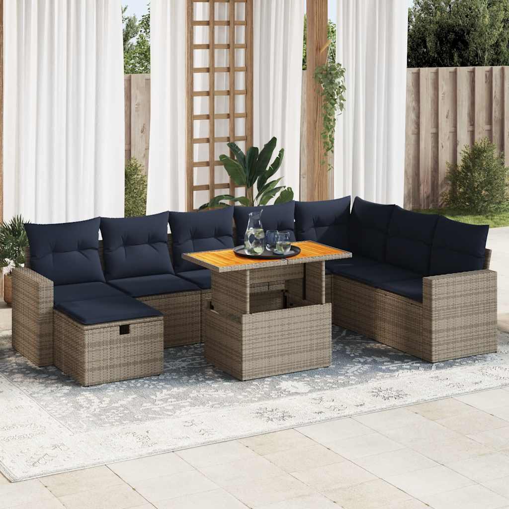 Set Divano da Giardino 9pz con Cuscini Grigio Polyrattan Acacia | homemem39