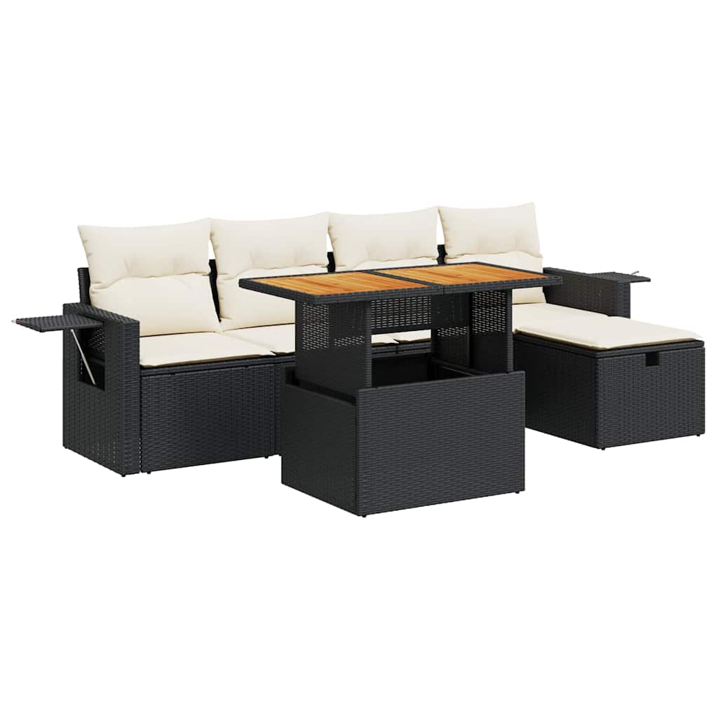Set Divano da Giardino 6 pz con Cuscini Nero Polyrattan Acacia | homemem39