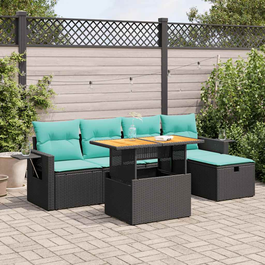 Set Divano da Giardino 6 pz con Cuscini Nero Polyrattan Acacia | homemem39