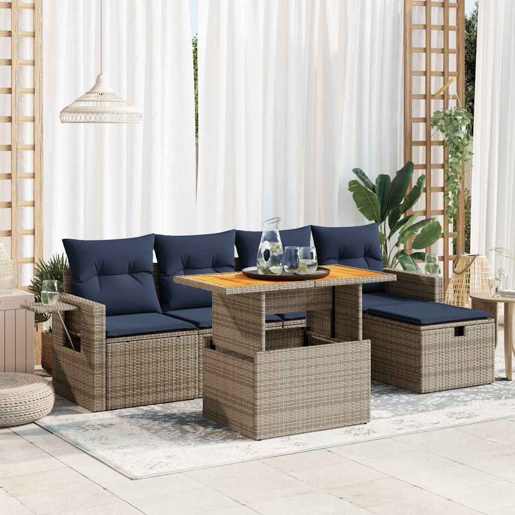 Set Divano da Giardino 6pz con Cuscini Grigio Polyrattan Acacia | homemem39