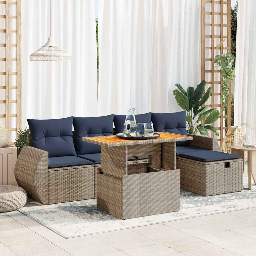 Set Divano da Giardino 6 pz con Cuscini Nero Polyrattan Acacia | homemem39