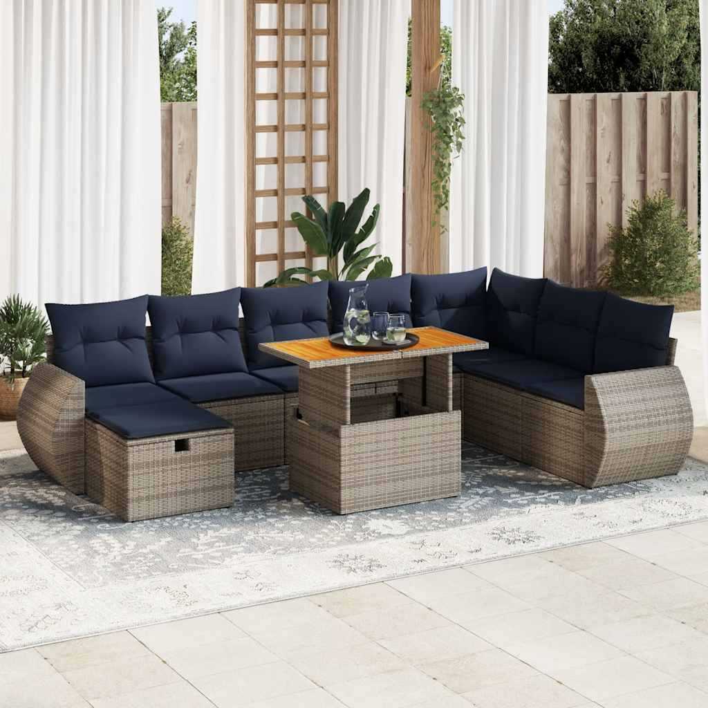 Set Divani da Giardino 9 pz con Cuscini Grigio Polyrattan Acacia | homemem39