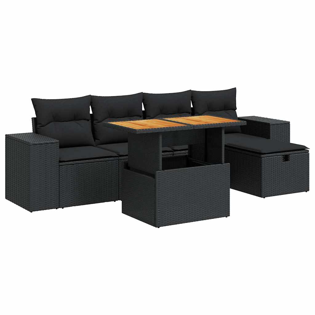 Set Divano da Giardino 6 pz con Cuscini Nero Polyrattan Acacia | homemem39