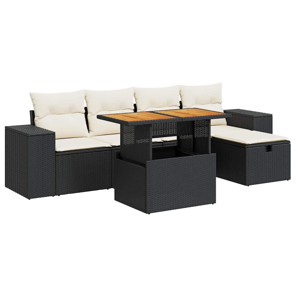 Set Divano da Giardino 6 pz con Cuscini Nero Polyrattan Acacia | homemem39