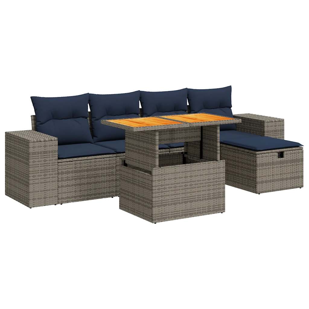 Set Divano da Giardino 6 pz con Cuscini Nero Polyrattan Acacia | homemem39