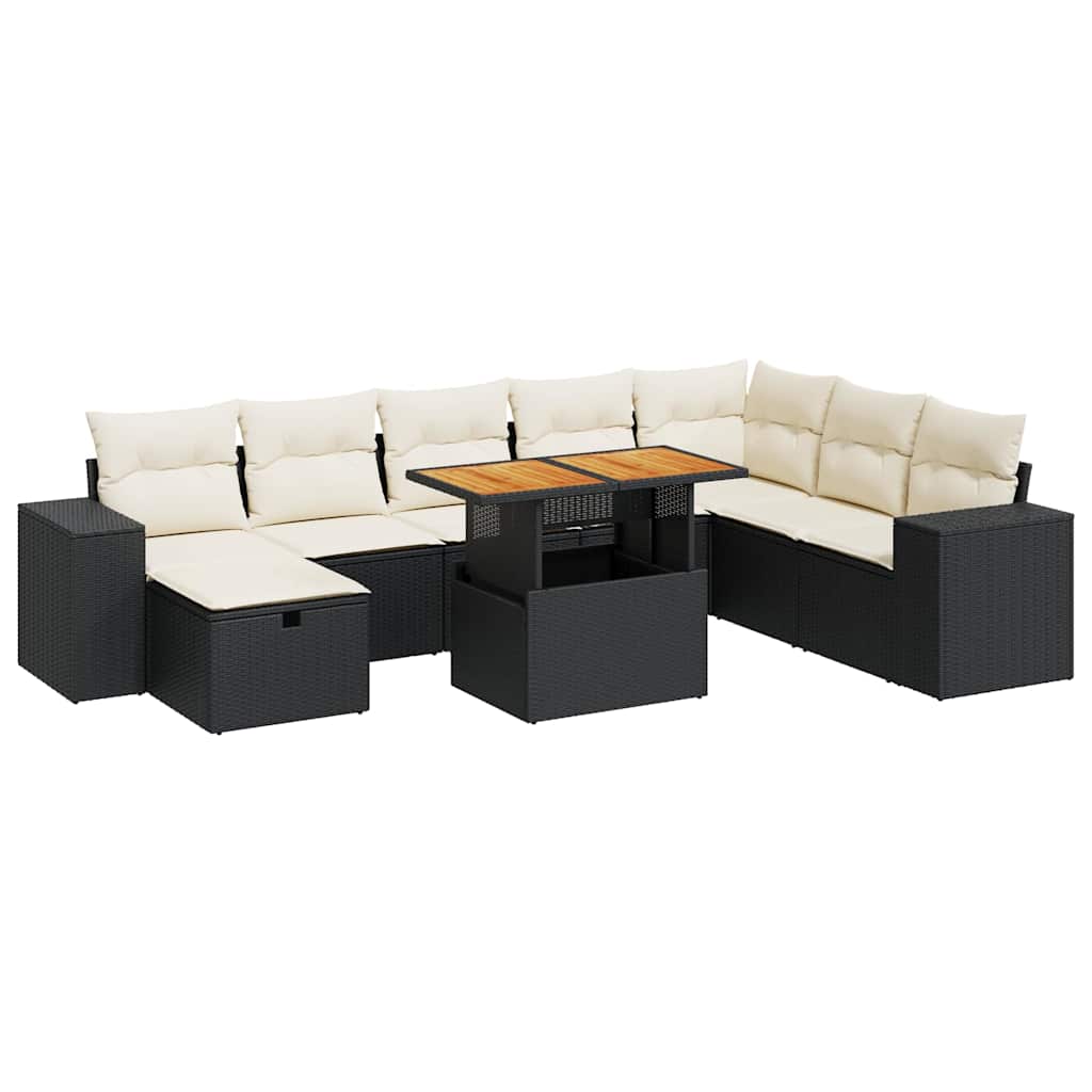 Set Divani da Giardino 9 pz con Cuscini Nero Polyrattan Acacia | homemem39