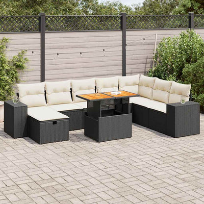 Set Divani da Giardino 9 pz con Cuscini Nero Polyrattan Acacia | homemem39