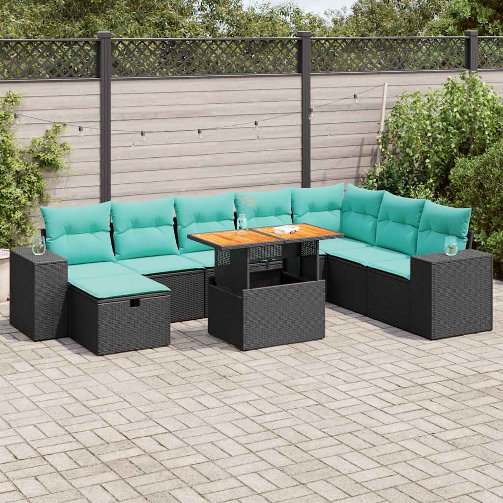 Set Divani da Giardino 9 pz con Cuscini Nero Polyrattan Acacia | homemem39