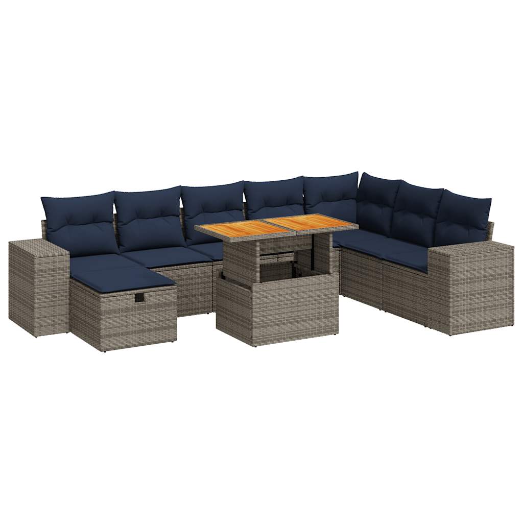 Set Divano da Giardino 9pz con Cuscini Grigio Polyrattan Acacia | homemem39