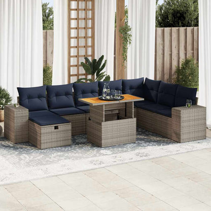 Set Divano da Giardino 9pz con Cuscini Grigio Polyrattan Acacia | homemem39