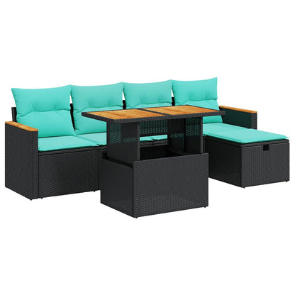 Set Divano da Giardino 6 pz con Cuscini Nero Polyrattan Acacia | homemem39