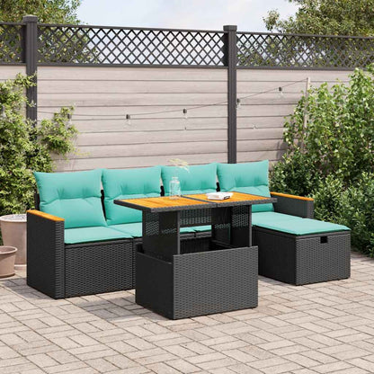 Set Divano da Giardino 6 pz con Cuscini Nero Polyrattan Acacia | homemem39