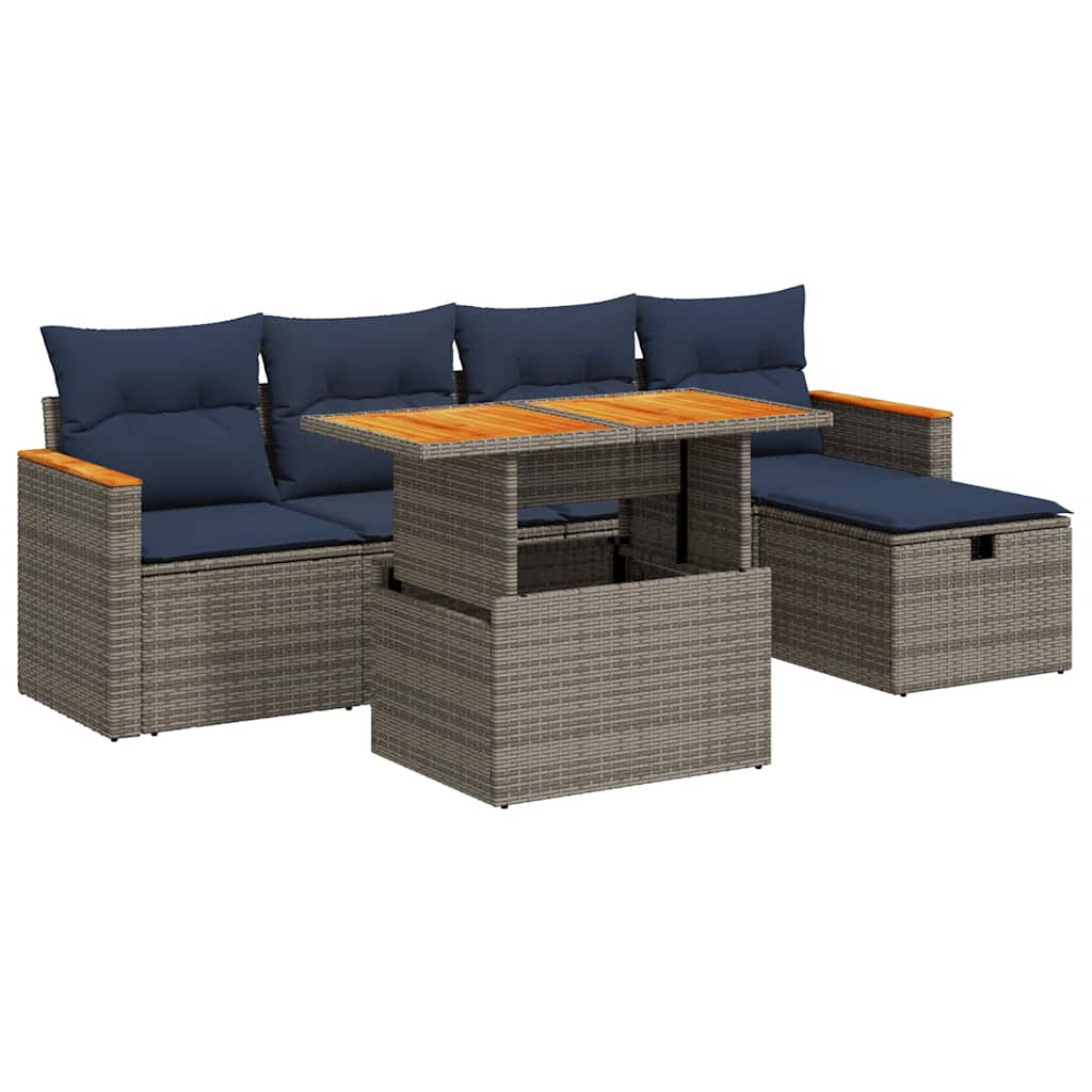 Set Divano da Giardino 6pz con Cuscini Grigio Polyrattan Acacia