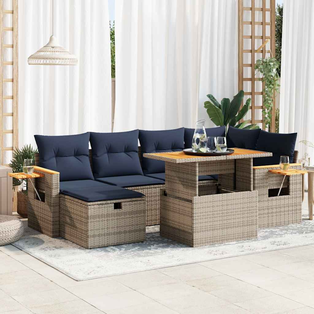 Set Divani da Giardino con Cuscini 7pz Grigio Polyrattan Acacia | homemem39
