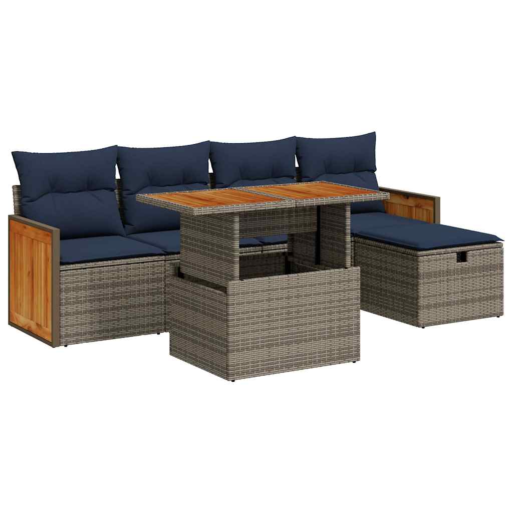 Set Divano da Giardino 6pz con Cuscini Grigio Polyrattan Acacia