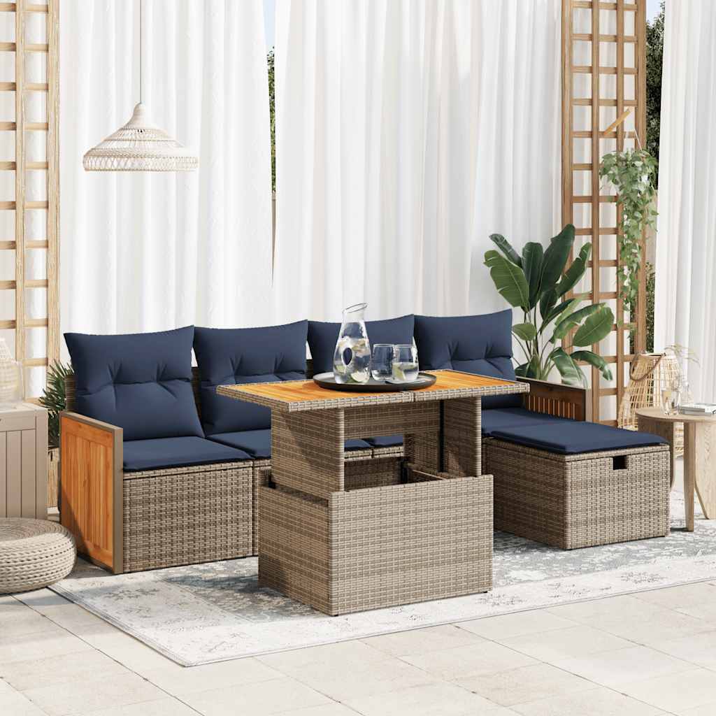 Set Divano da Giardino 6pz con Cuscini Grigio Polyrattan Acacia