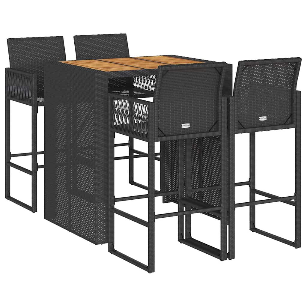 Set Bar da Giardino 5pz senza Cuscini Nero in Polyrattan Acacia | homemem39