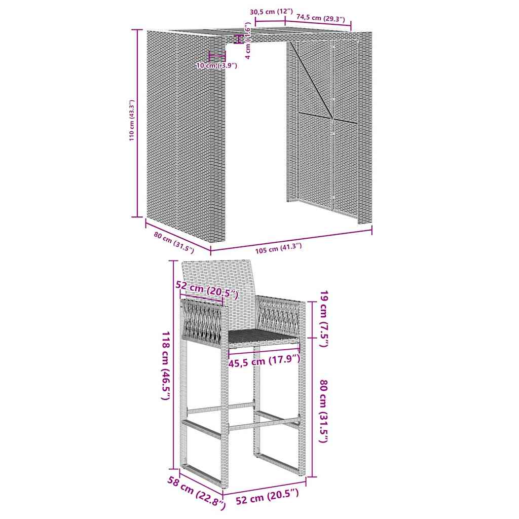 Set Bar da Giardino 3pz senza Cuscini Grigio Polyrattan Acacia | homemem39