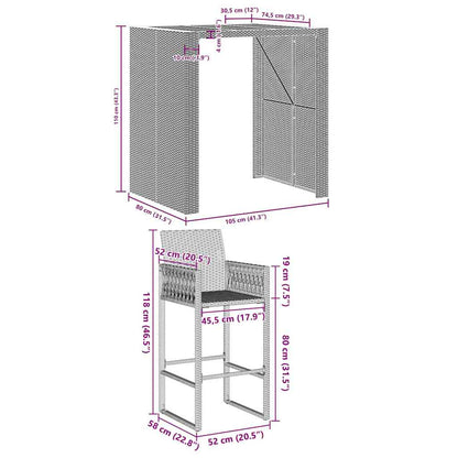 Set Bar da Giardino 3pz senza Cuscini Grigio Polyrattan Acacia | homemem39