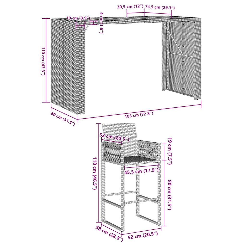 Set Bar da Giardino 7pz senza Cuscini Grigio Polyrattan Acacia | homemem39