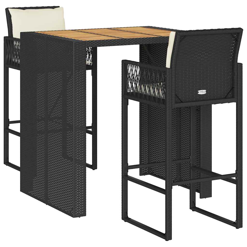 Set Bar da Giardino 3 pz con Cuscini Nero in Polyrattan Acacia | homemem39