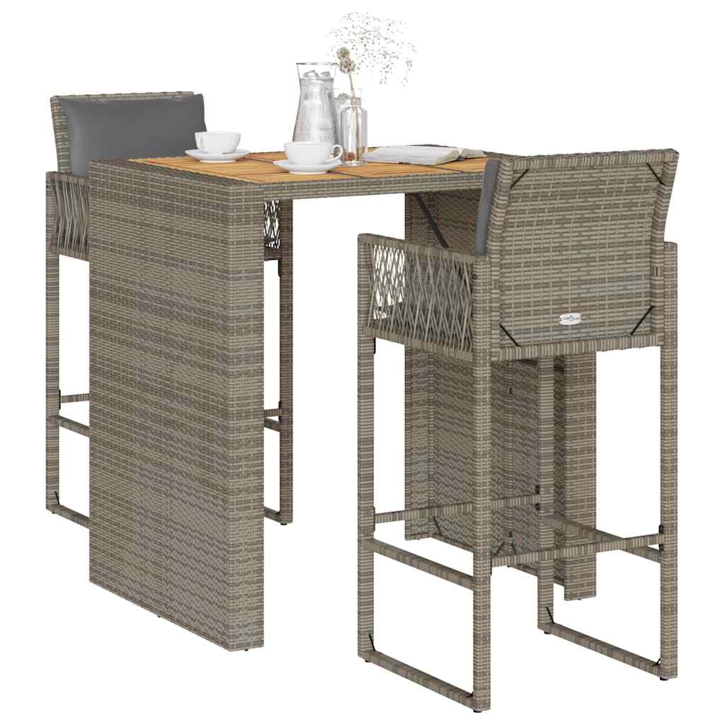 Set Bar da Giardino 3 pz con Cuscini Grigio Polyrattan Acacia | homemem39