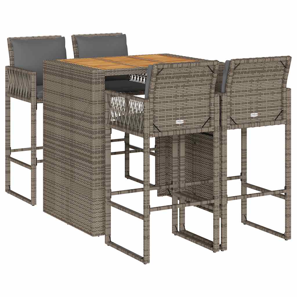 Set Bar da Giardino 5 pz con Cuscini Nero in Polyrattan Acacia | homemem39