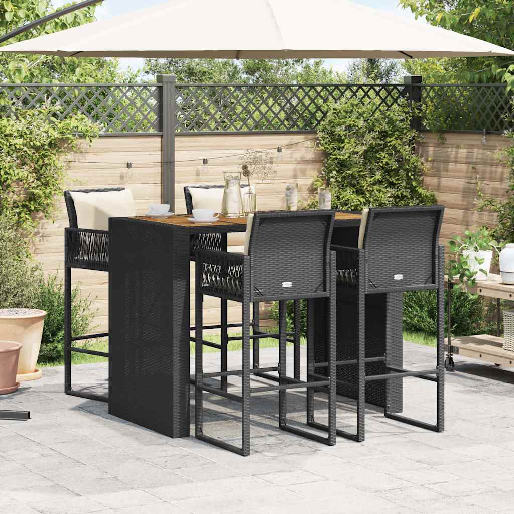 Set Bar da Giardino 5 pz con Cuscini Nero in Polyrattan Acacia | homemem39