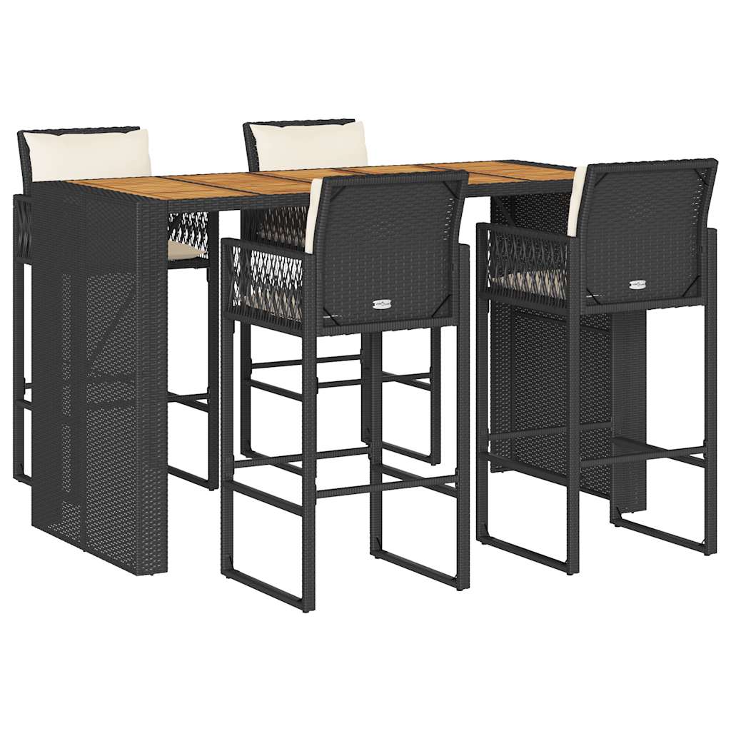 Set Bar da Giardino 5 pz con Cuscini Nero in Polyrattan Acacia | homemem39