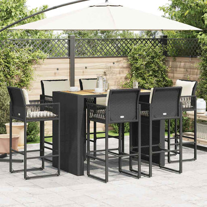 Set Bar da Giardino 7 pz con Cuscini Nero in Polyrattan Acacia | homemem39