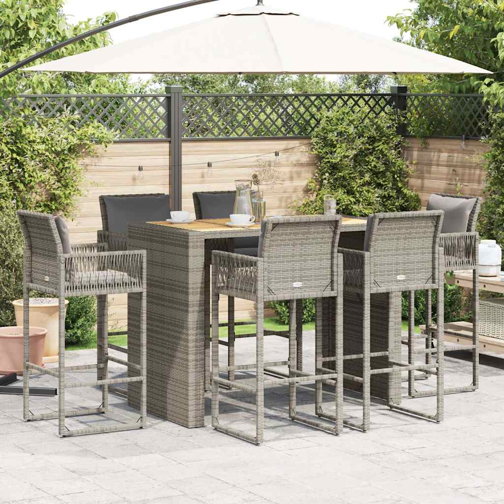 Set Bar da Giardino 7 pz con Cuscini Grigio Polyrattan Acacia | homemem39