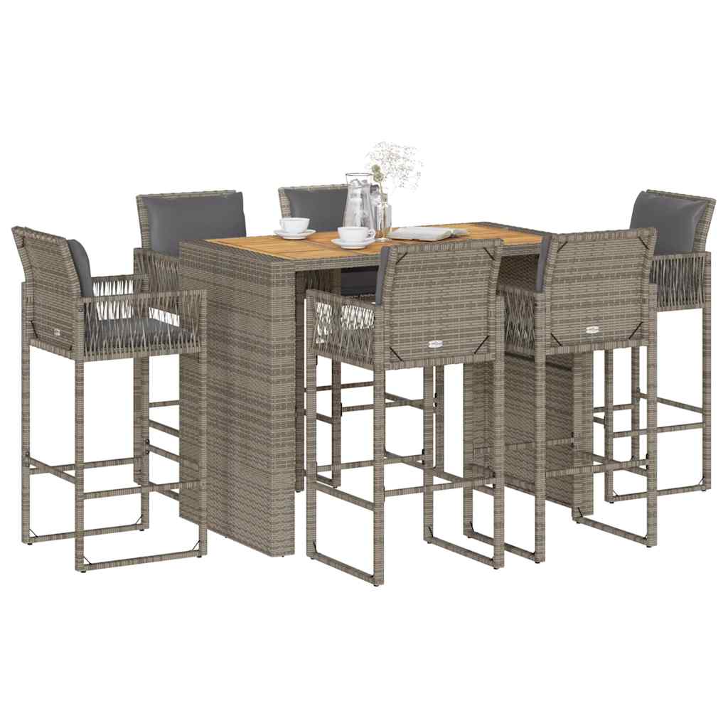 Set Bar da Giardino 7 pz con Cuscini Grigio Polyrattan Acacia | homemem39