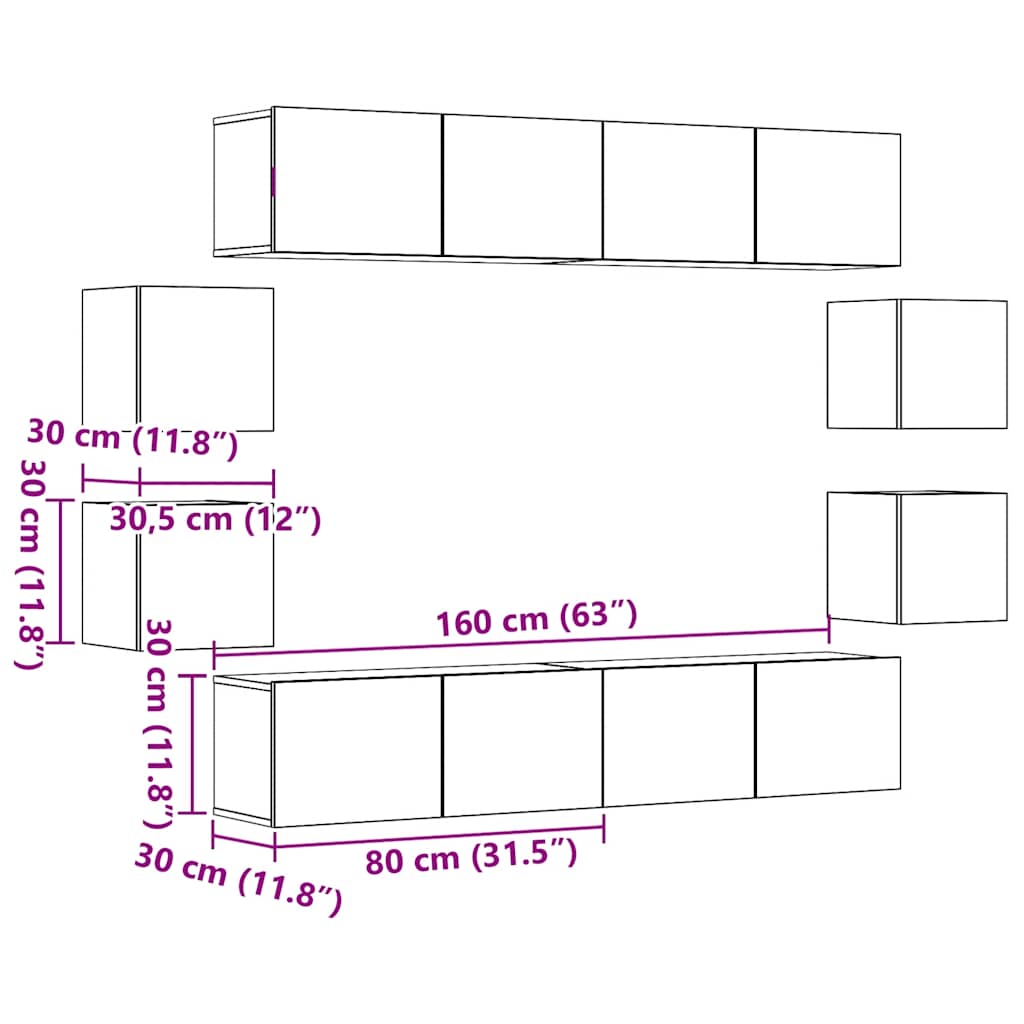 Set Mobile TV 8 pz Montato a Parete Legno Antico in Truciolato