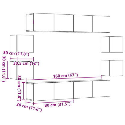 Set Mobile TV 8 pz Montato a Parete Legno Antico in Truciolato