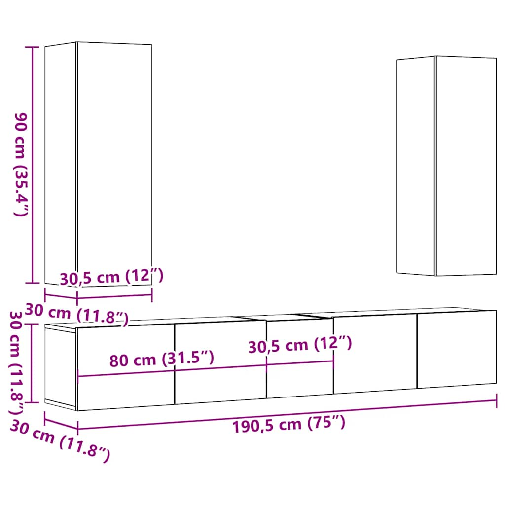 Mobili TV a Parete 5 pz Legno Antico in Legno Multistrato - homemem39