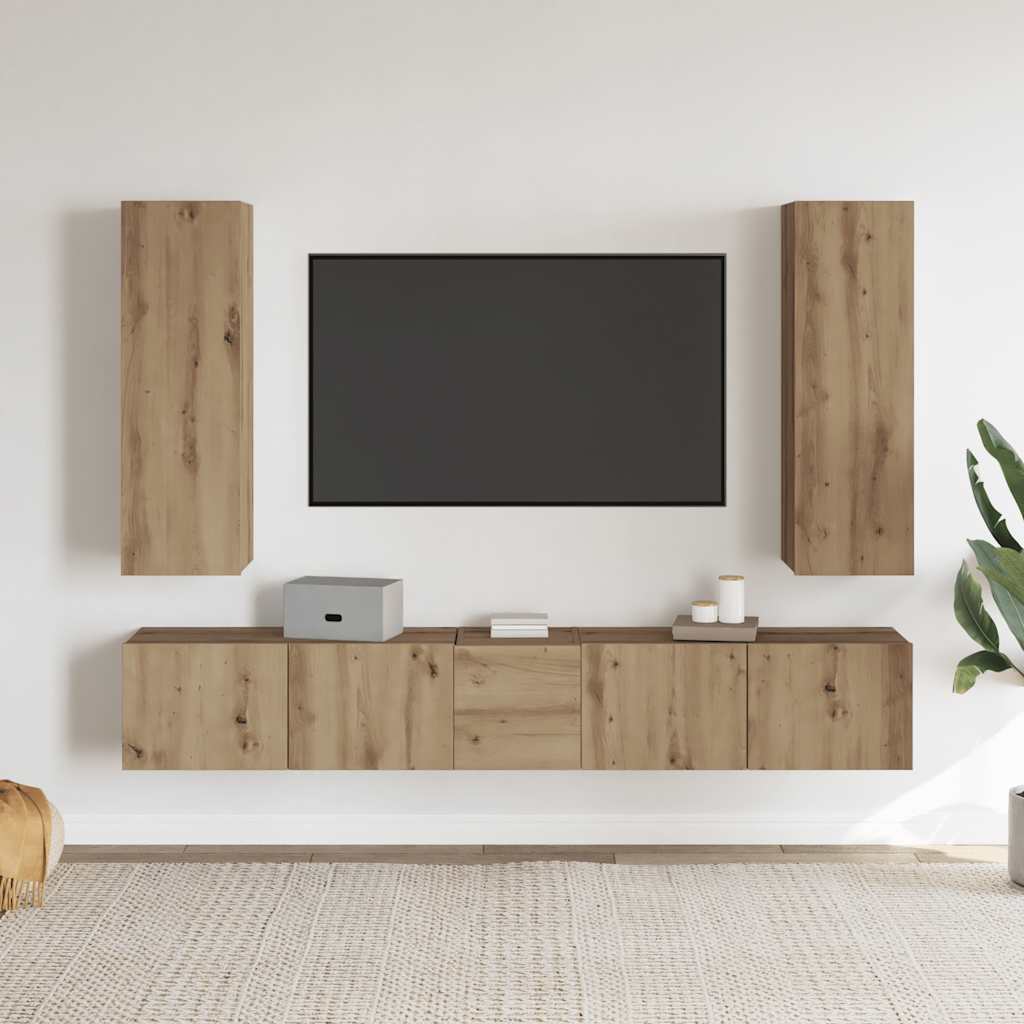 Mobili TV a Parete 5 pz Rovere Artigianale in Legno Multistrato