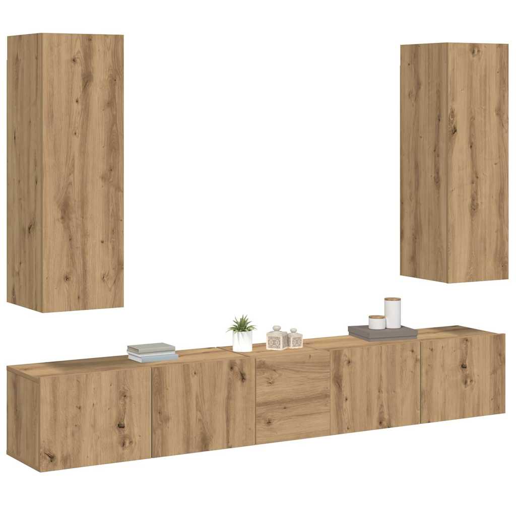 Mobili TV a Parete 5 pz Rovere Artigianale in Legno Multistrato