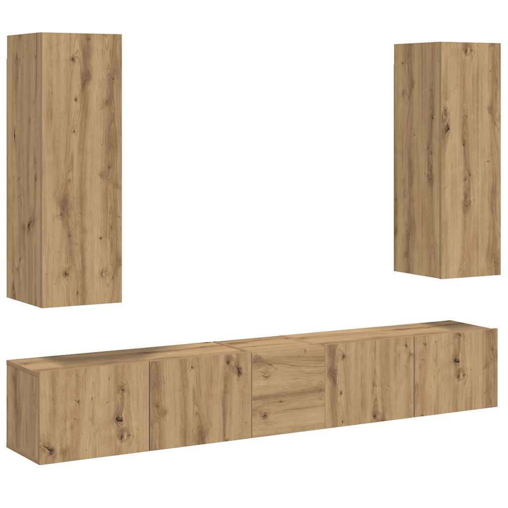 Mobili TV a Parete 5 pz Rovere Artigianale in Legno Multistrato