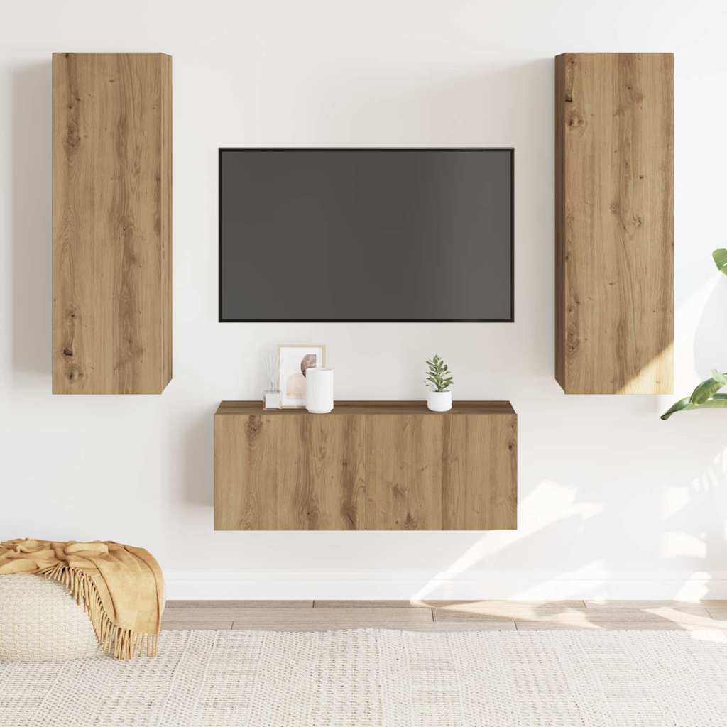 Mobili TV a Parete 3 pz rovere artigianale in legno multistrato