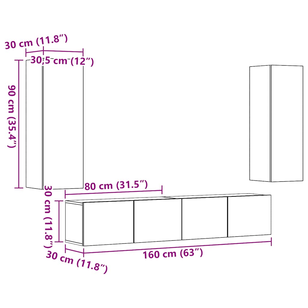 Mobili TV a Parete 4 pz Rovere Artigianale in Legno Multistrato | homemem39