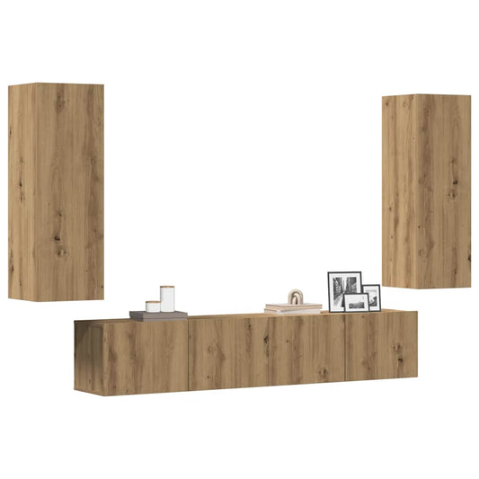 Mobili TV a Parete 4 pz Rovere Artigianale in Legno Multistrato