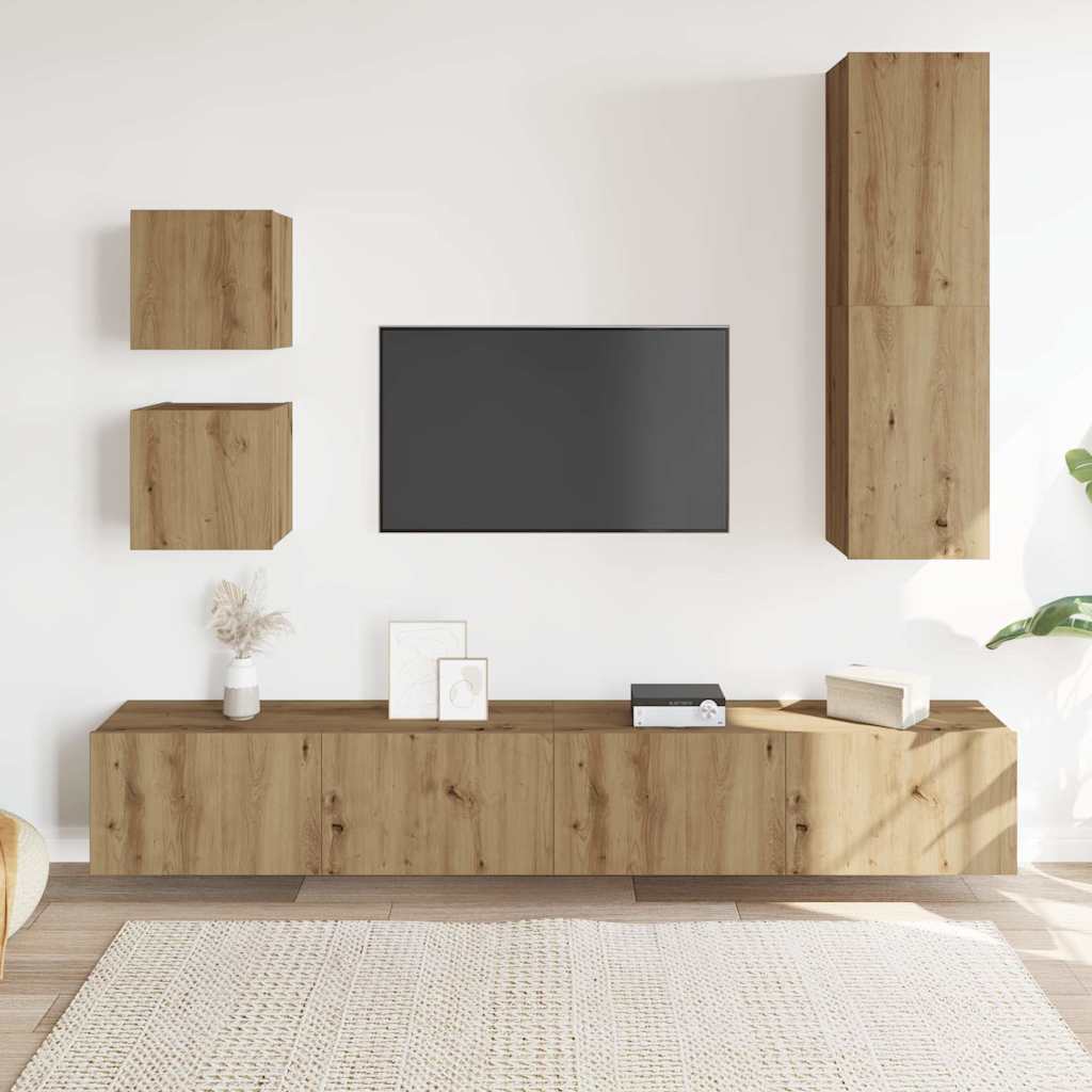 Set Mobile TV 5 pz Montato a Parete Rovere in Legno Multistrato - homemem39