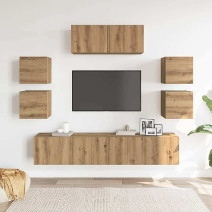 Set Mobile TV 7 pz Montato a Parete Rovere in Legno Multistrato