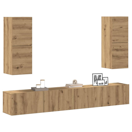 Set Mobile TV 4 pz Montato a Parete Rovere in Legno Multistrato - homemem39