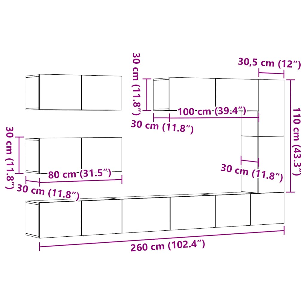 Set Mobile TV 7 pz Montato a Parete Legno Antico in Truciolato - homemem39