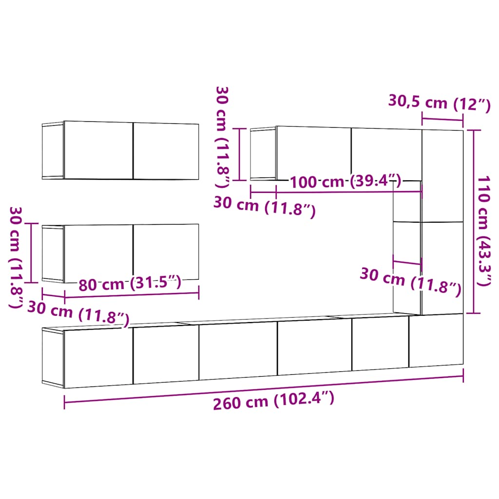 Set Mobile TV 7 pz Montato a Parete Rovere in Legno Multistrato - homemem39
