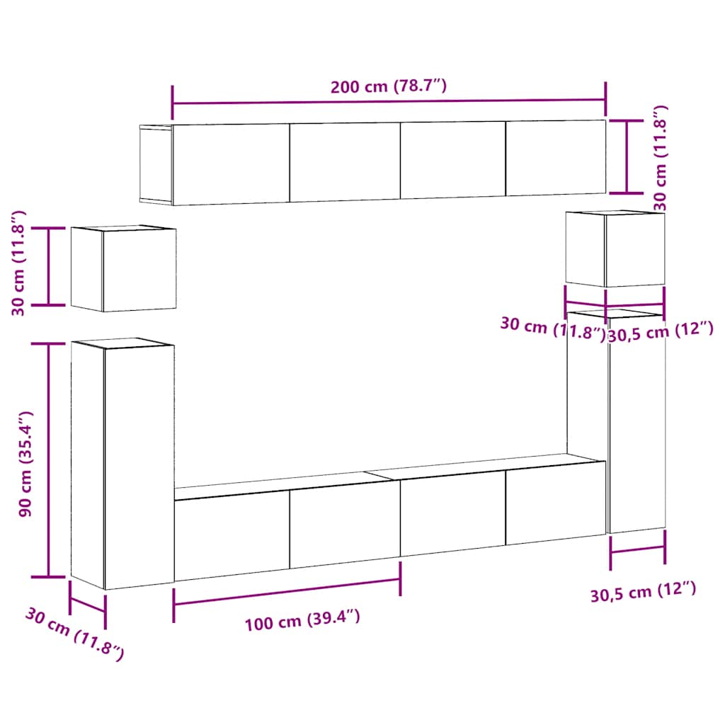 Set Mobile TV 8 pz Montato a Parete Rovere in Legno Multistrato | homemem39