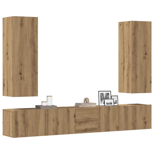 Set Mobile TV 5 pz Montato a Parete Rovere in Legno Multistrato | homemem39